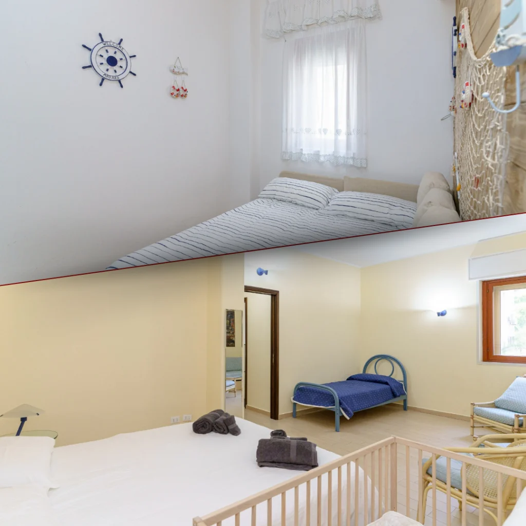 Due-camere-da-letto-nell'appartamento-Capo-Taormina-House-camera-in-alto-con-tema-nautico-timone-del-navigatore-ornamento-appeso-finestra-con-tenda-in-pizzo-letto-con-biancheria-a-righe-camera-in-basso-pareti-giallo-chiaro-letto-matrimoniale-con-biancheria-bianca-letto-singolo-con-biancheria-blu-culla-sedia-luci-da-parete-blu-finestra-con-cornice-in-legno